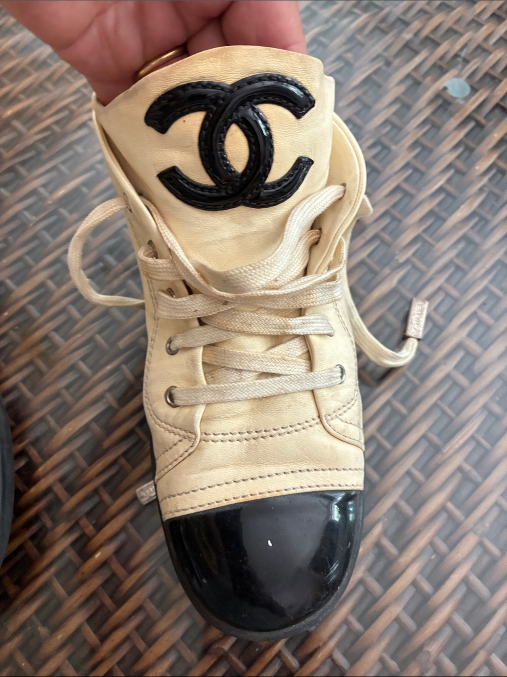 CHANEL Beige and Black Lace-Up Logo Sneakers - Picture 11 of 12